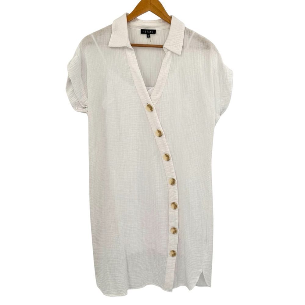1.State white gauzy asymmetric buttons collared shirt dress size medium